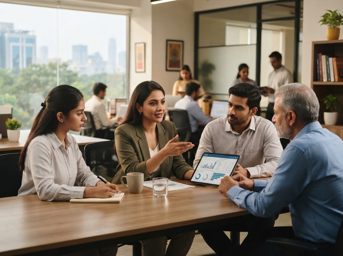 Equirus analysts reviewing model output on a trading floor